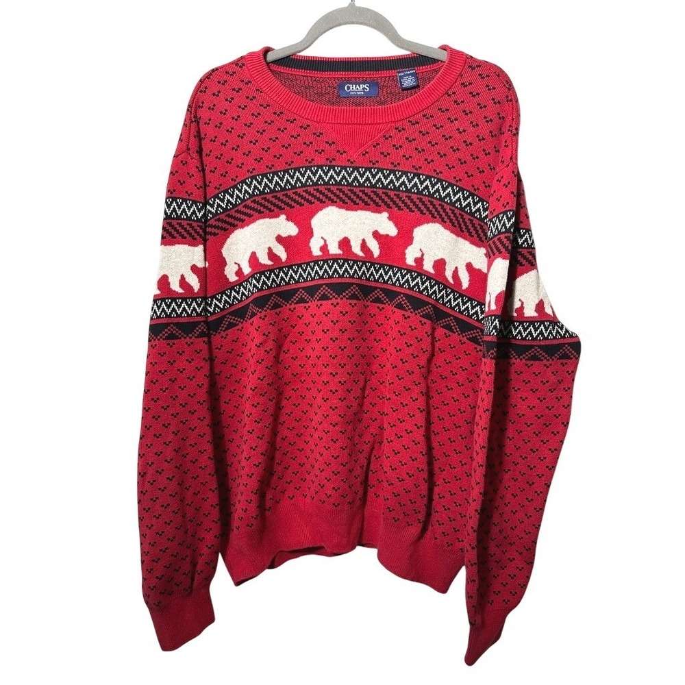 Chaps Polar Bear Fair Isle Sweater Men's XXL Red Crewneck Winter Vintage Style